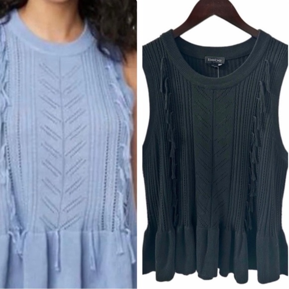 Bebe Black Sleeveless Pointelle Knit Peplum Hem Emelia Sweater Size Medium - Picture 2 of 7